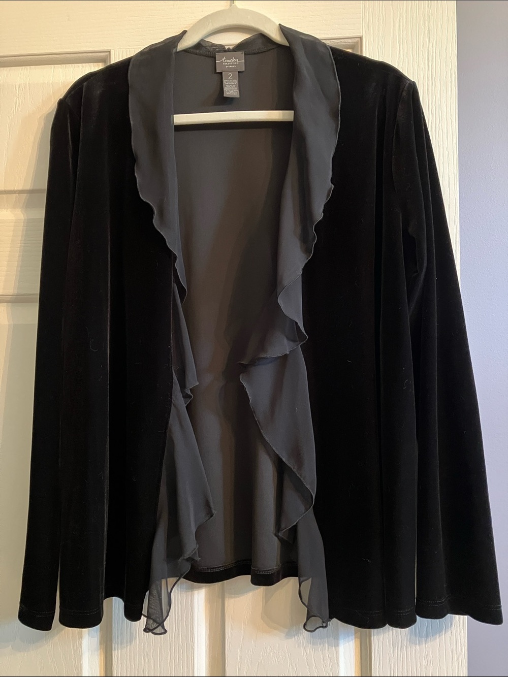 Chico's Black Velvet Cardigan with Ruffle Chiffon Trim